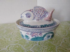 Trinket Dish MILLARD LISTER Fish Shaped w/lid Pink & Green 6 inches