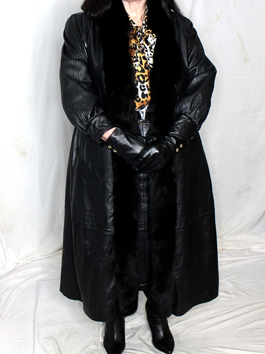 Womens Leather Coat Black Fur S-XL SOFT Long Lambskin