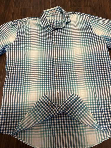 Express Mens Dress Shirt White Blue Plaid Fitted Long Sleeve Cotton XL 17-17.5 - Picture 6 of 8