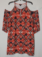 A.N.A. Red Print Chiffon Cold Shoulder 3/4 Sleeve Short Straight Dress; Size XL
