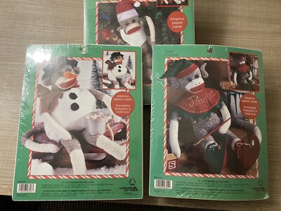 Sock Monkey Christmas Lot Of 3 Santa, Snowman & Elf Vintage 21'' Leisure Arts