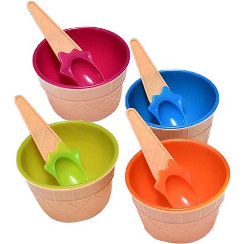 4 Sets Ice Cream Bowl Spoon Child Reusable Plastic Bowls Footed Dessert Cups