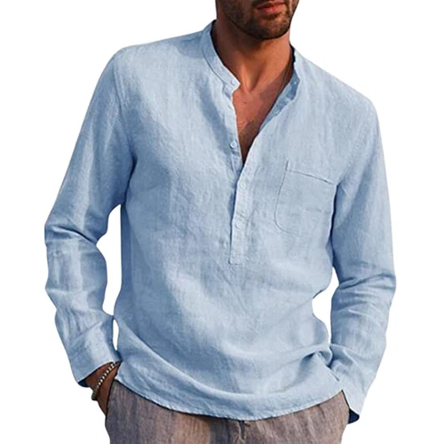 T-shirt uomo manica lunga cotone lino casual tinta unita bottoni scollo a V - Foto 10 di 25