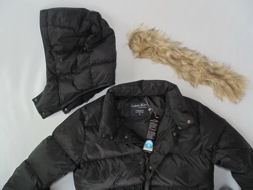 NEW Black Down Puffer Jacket Removable Fur Trim OR hood Women Coat Winter Small