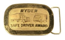 Vintage 1970s Ryder Safe Driver Award Brass Belt Buckle Semis Tractor Trailers