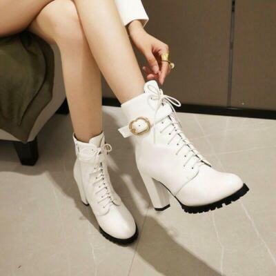 Fashion Womens Round Toe Block Heel Lace Up Zip Ankle Boots Formal