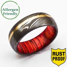 Red Dyed Wooden Sleeve Damascus Ring Brass Liner Custom Handmade Damascus Ring