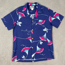 Vintage Paradise Found Hawaiian Shirt Mens S Blue 100% Rayon 60s 70s Floral Camp