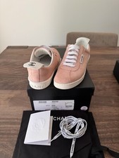 Chanel 20S Weekender Pink Suede CC Logo Laces Low Top Flat Runner Sneaker, 37.5