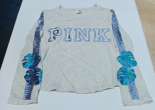 Victoria Secret Pink Long Sleeve Shirt Gray/Sequin Bling Large