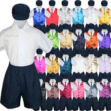 Boy Toddler Formal NAVY BLUE Shorts & Hat Suit Satin Vest Necktie Hat 5PC Set