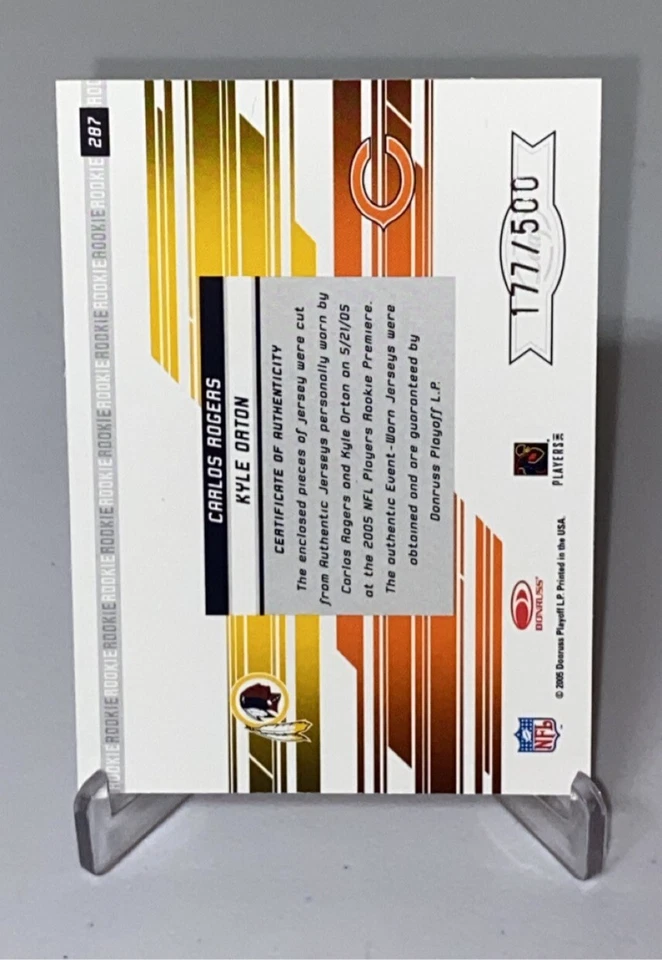 2005 Leaf Rookies & Stars Dual Rookie Jersey /500 Kyle Orton Carlos Rogers RC - Image 2 of 3