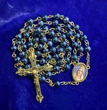Vtg Stella Maris Mary Star of the Sea Ocean Blue Metallic Bead Catholic Rosary