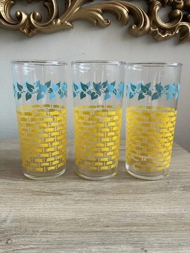 Vintage 1950s Yellow Basket Weave Lattice Blue Ivy Leaf Juice Glasses Set 3 MCM