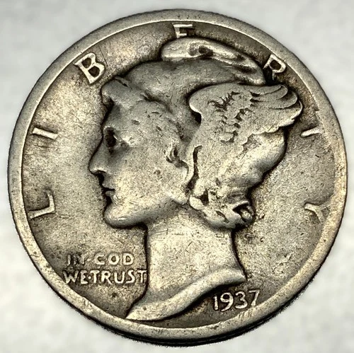 1937-P Mercury Dime 10c Good Circulated Condition 90% Silver US Coin - 3252