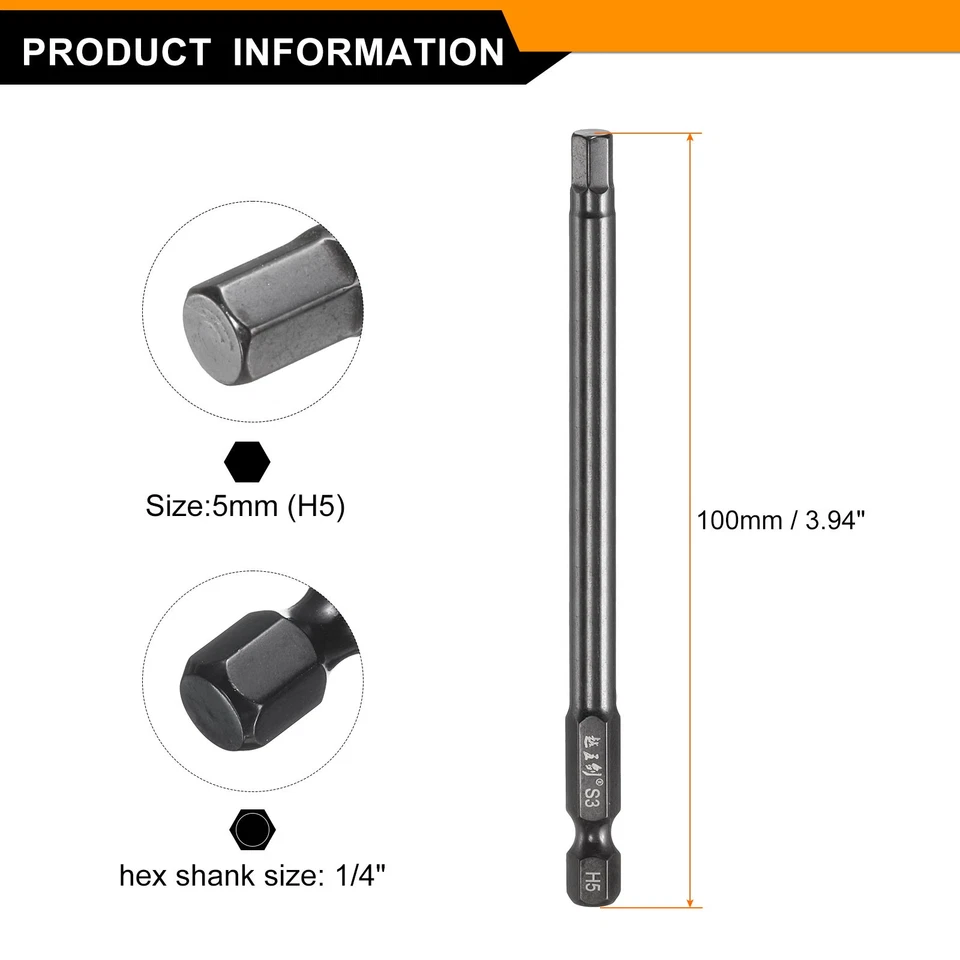 5pcs 5mm Metric Hex Head Wrench Drill Bit 100mm Length Magnetic Bits, Black - Image 2 of 4
