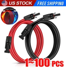 Black+Red 10 AWG Solar Panel Extension Cable Silicone Flexible Wire Connectors