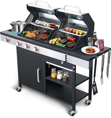 Gas Charcoal Grill Combo, 3-Burner Propane Gas BBQ Grill with Side Burner
