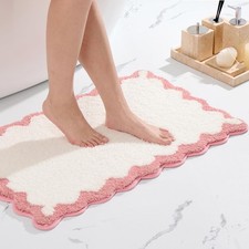 Scalloped Pink Bathroom Rugs Non Slip Washable Plush Microfiber Mat 20x32 In