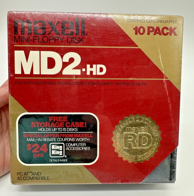 Maxell MD2-HD 5 1/4'' Mini Floppy Disk 10 Pack with Storage Case Vintage NOS