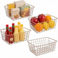 4 Pack Metal Wire Storage Baskets Rose Gold with Handles Pantry Organizer Alloy