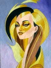 Portrait woman mid century style Abstract acrylic painting cubism Original 11*8