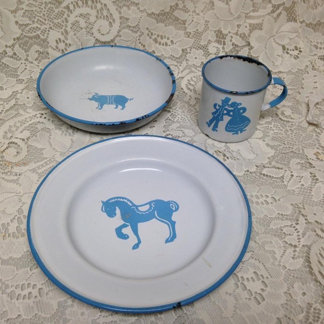 Vintage, Sweden, Childs 3pc Enamelware Cup, Bowl and Plate Set eBay