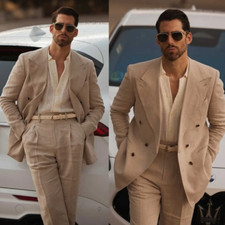 Khaki Linen Men's Suits Wide Peak Lapel Double Breasted Wedding Groom Tuxedos
