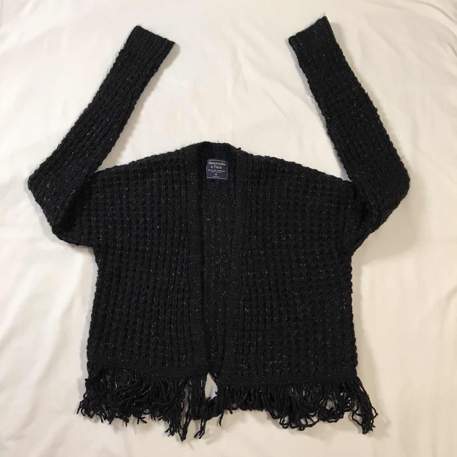 Abercrombie & Fitch Knit Jacket Womens Extra Small Black Open Front Frayed Hem