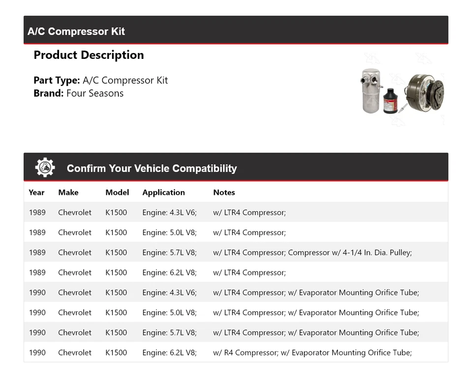 Kit de compresor de aire acondicionado para Chevrolet K1500 1989-1990 4 estaciones Foto 2 de 4