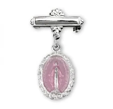 Pink Enamel Oval Fancy Edge Sterling Silver Miraculous 1.1" Medal Bar Pin, US 