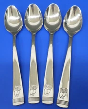 4 - Rachael Ray LITTLE HOOT Owl Bands Glossy Stainless Flatware 6 3/4" TEASPOONS