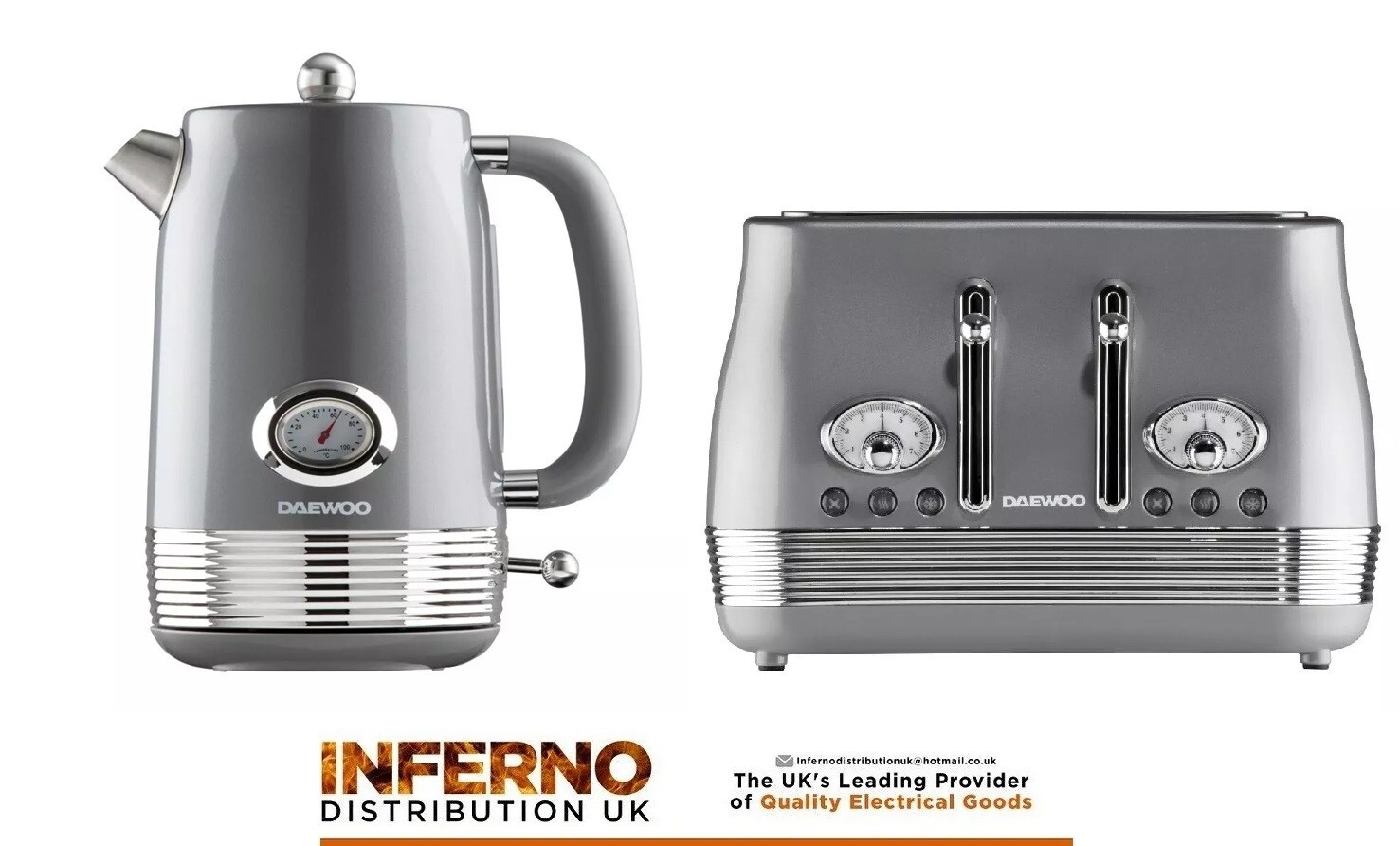 DAEWOO Denver Vintage Stainless Steel Kettle And 4 Slice Toaster Set Smoked Grey