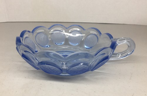 Fostoria Glass Frosted Coin Aqua Blue 5 1/4" Handled Nappy Bowl Eagle Torch - Picture 2 of 4