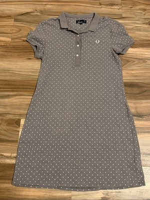 Fred Perry Pique Polo Shirt Dress Women s 8 Gray White Polka Dot Cotton Blend