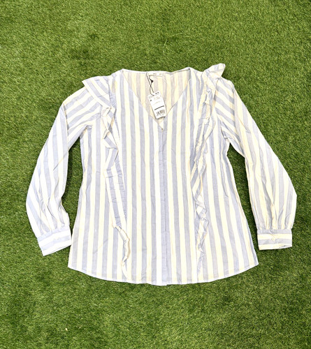 MANGO MNG Basic Shirt Womens Medium Ruffle Long Sleeve Blouse Top Casual
