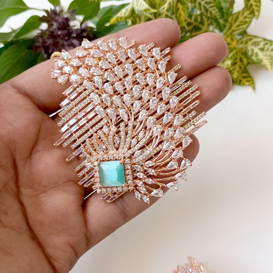 Colgante de piedra de calcedonia y circonita cúbica - Juego de pernos, regalo del sur de la India de Bollywood Foto 3 de 4