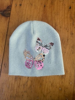 H&M Girls 4-8Y Winter Beanie Hat Glitter Blue With Sequin Butterflies