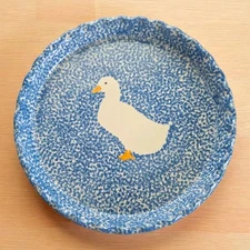 Vtg Ovenware Duck Blue White Spongeware Tart Plate Dish 11.75" Round Grandmacore