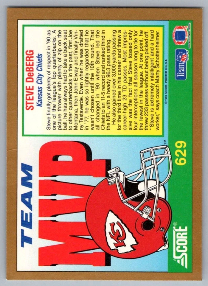 1991 Score Steve DeBerg Kansas City Chiefs #629 - Image 2 of 2