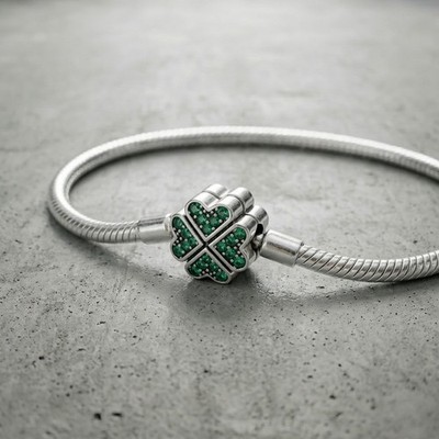 SILBER SCHLANGENKETTE BETTELARMBAND MIT GRÜNEM VIERBLÄTTRIGEM KLEEBLATTVERSCHLUSS GLÜCKSSYMBOL