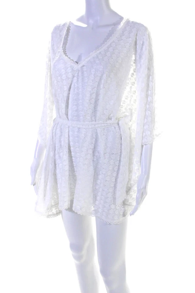 Melissa Odabash Mujer Blanco Tejido Abierto Cuello en V Manga Corta Natación Cubre Talla OS Foto 2 de 4