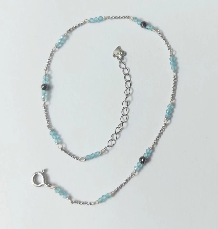 cavigliera argento 925 con cubic zirconia  blu e sfere di argento brunito - Immagine 3 di 4