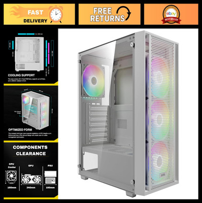 White ATX Mid Tower Gaming PC Case w/ Tempered Glass, 4 ARGB Fans, 360mm AIO Sup