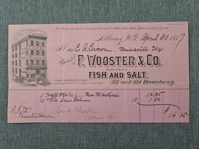 F. Wooster & Co Illustrated Billhead FISH & SALT 1887 Albany NY