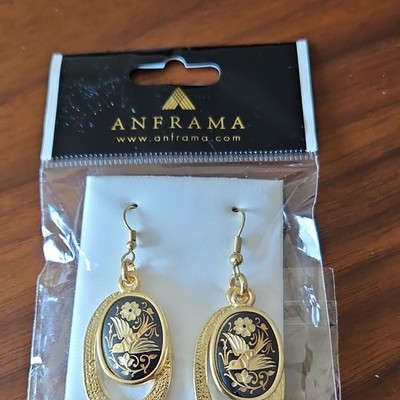 ANFRAMA Gold Tone Black Floral Oval Dangle Hook Earrings Made in Spain
