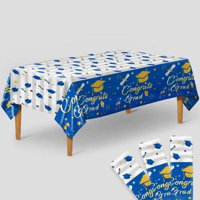 Blue and Gold Graduation Tablecloth - XtraLarge 54x108 Inch, Pack of 3 | Congrat