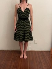 L.A.M.B. Vintage - Fall 2005- Silk Green Black Striped Bow A-Line Dress Size 2