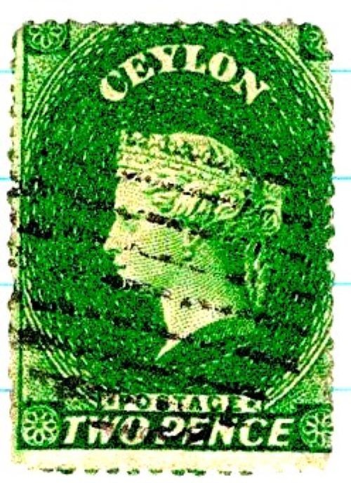 Ceylon 1857 Queen Victoria 2 Pence Postage Stamp Green Sc 4 SA 488