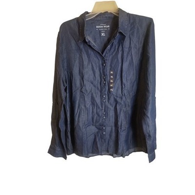 Denim Wear Blue Chambray Button Down Shirt XL Roll Tab Sleeve Dark Wash Top